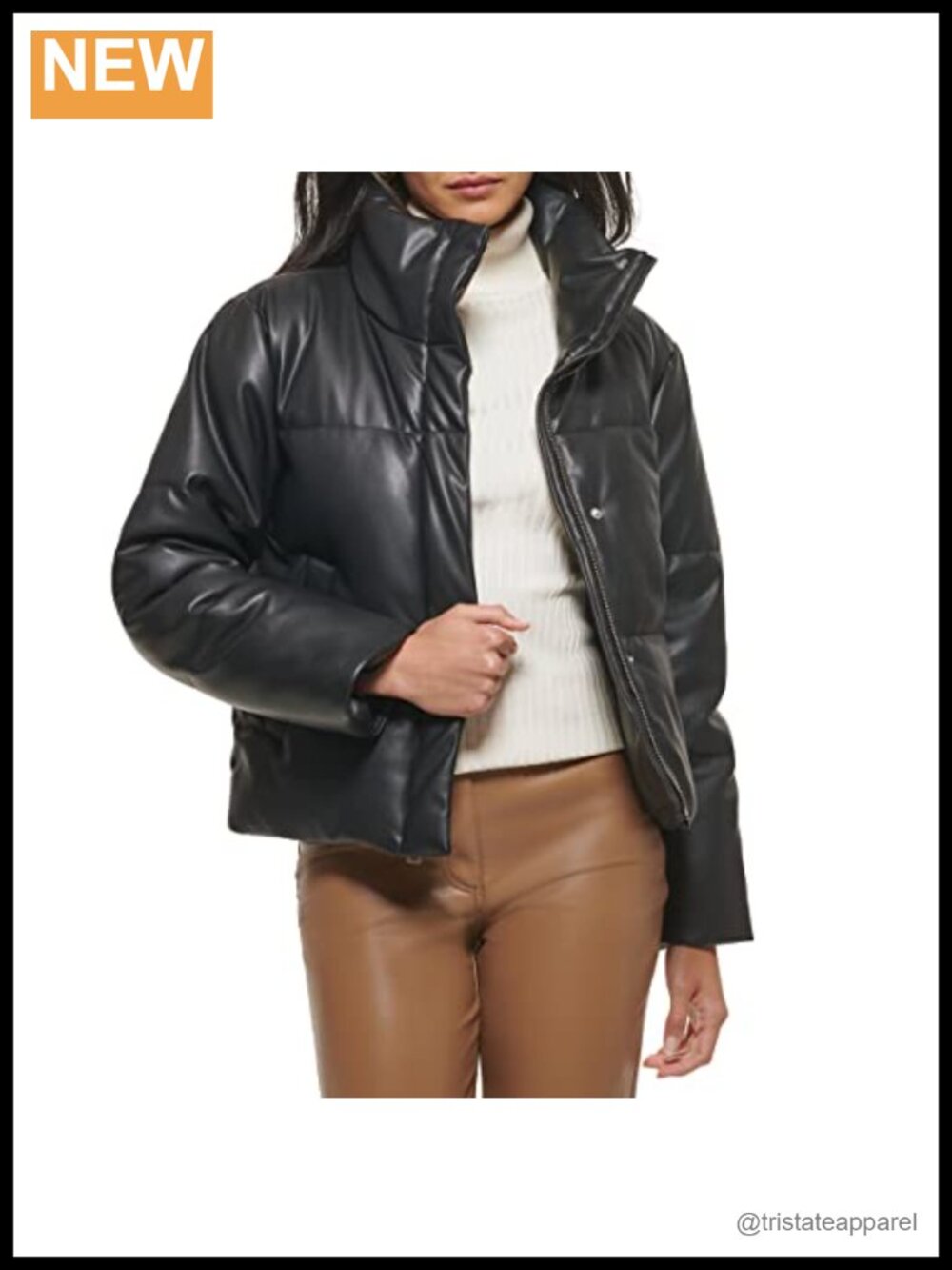 Vegan Leather Quilted Short Puffer Jacket Women's Water Resistant Cropped Medium
